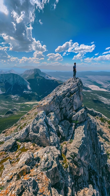 Photo there is a man standing on a rock on top of a mountain generative ai