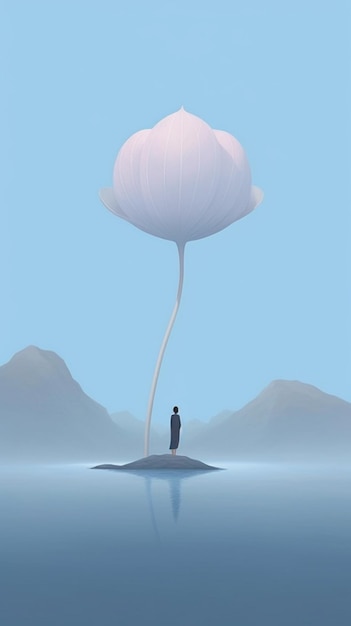 There is a man standing on a small island with a large umbrella generative ai