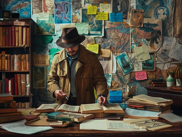 there is a man standing at a table with a lot of books generative ai