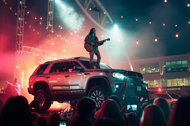 Photo there is a man standing on top of a car playing a guitar generative ai