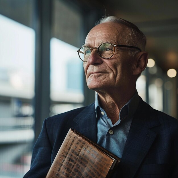 there is a man in a suit and glasses holding a book generative ai