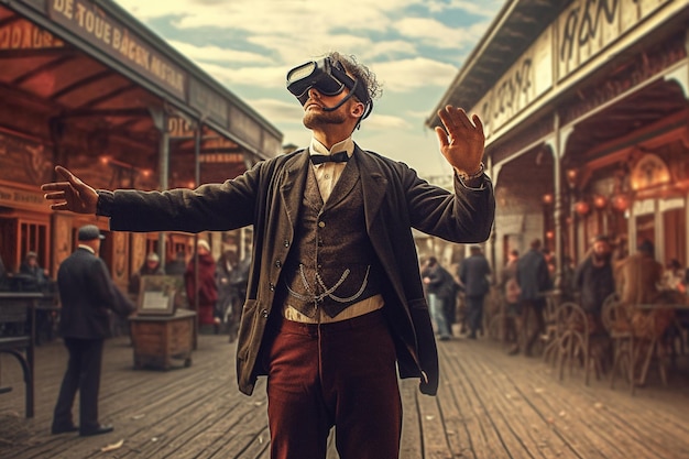 There is a man in a suit and tie standing on a boardwalk generative ai