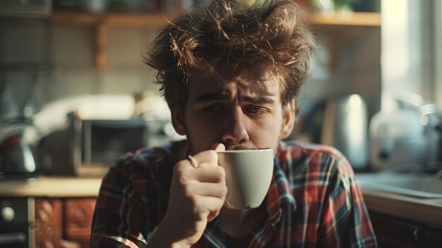 Photo there is a man that is drinking a cup of coffee generative ai