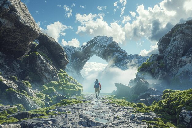 there is a man walking on a rocky path in the mountains generative ai