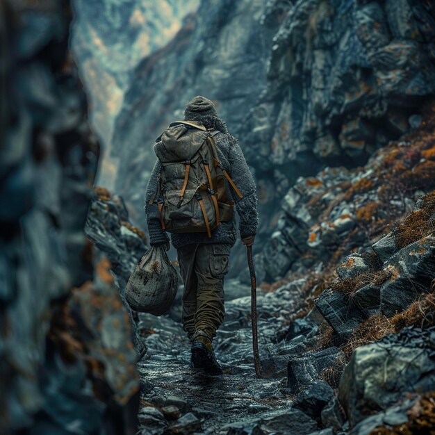 there is a man walking up a rocky path with a backpack generative ai