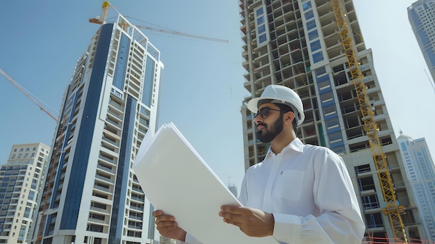 there is a man wearing a hard hat and safety glasses holding some construction plans or blueprints