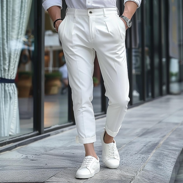 Photo there is a man in white pants and a white shirt standing on a sidewalk generative ai