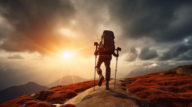 There is a man with a backpack and trek poles on a mountain generative ai