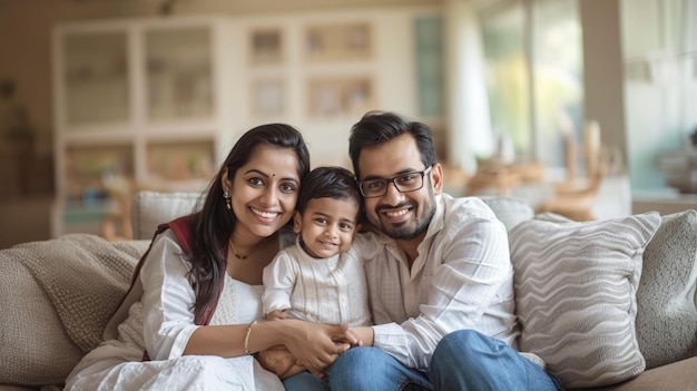 there is a man and woman sitting on a couch with a child generative ai