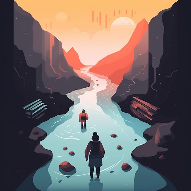 there is a man and a woman walking in a river generative ai