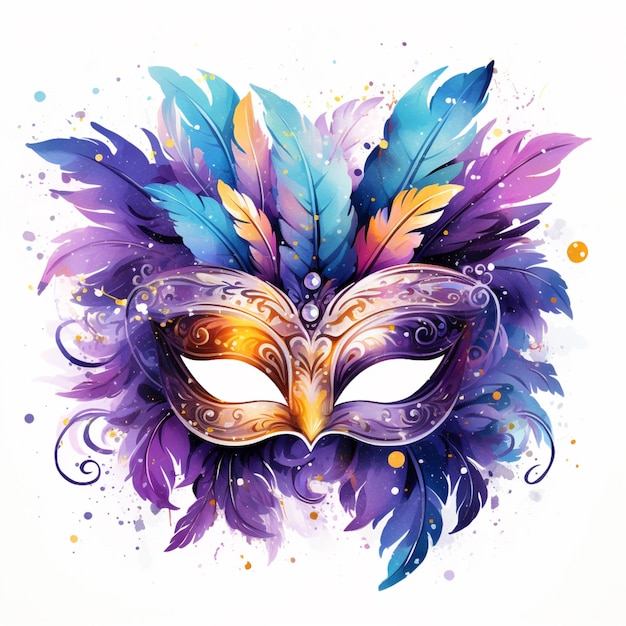 There is a mask with feathers on it and a flower generative ai