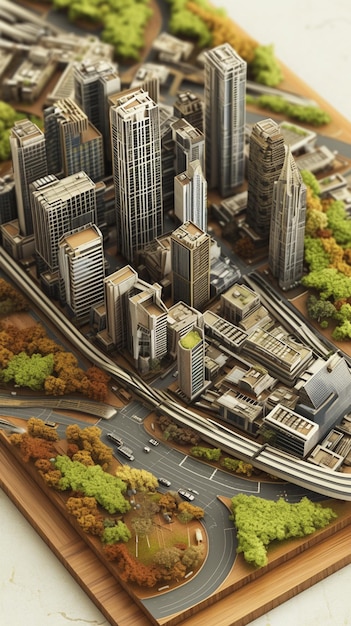 Photo there is a model of a city with a train on the tracks generative ai