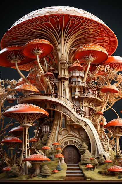 There is a model of a mushroom house with a staircase generative ai