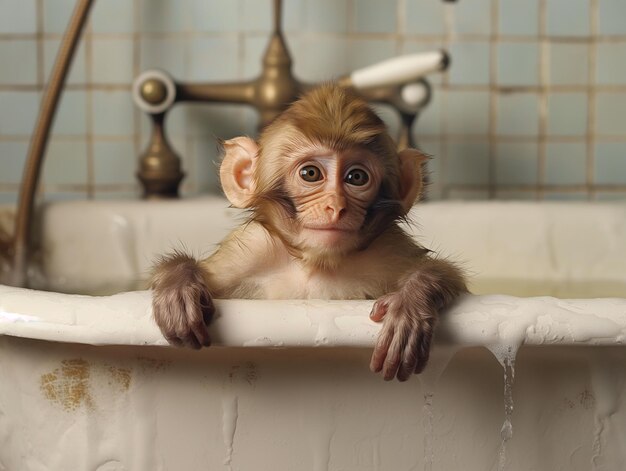 Photo there is a monkey sitting in a bathtub with its paws on the edge generative ai