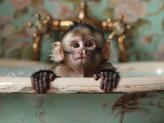 Photo there is a monkey that is sitting in a bathtub generative ai