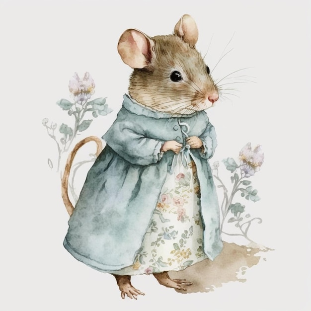 There is a mouse dressed in a blue coat and dress generative ai