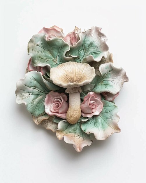 there is a mushroom on a flower arrangement with leaves generative ai