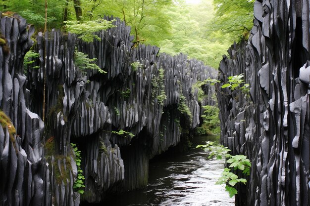 there is a narrow river running through a rocky canyon generative ai