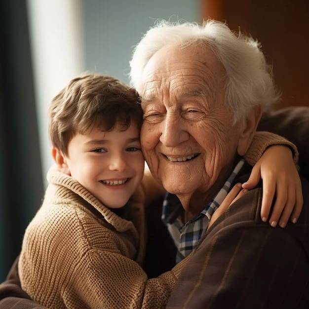 there is a old man and a young boy hugging each other generative ai