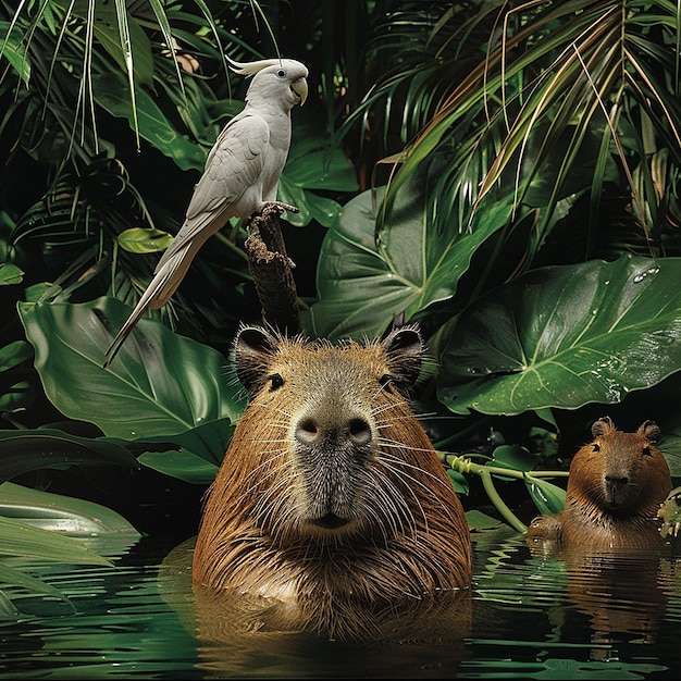 There is only one capybara on the right side of the frame the left side is clean emerging from the