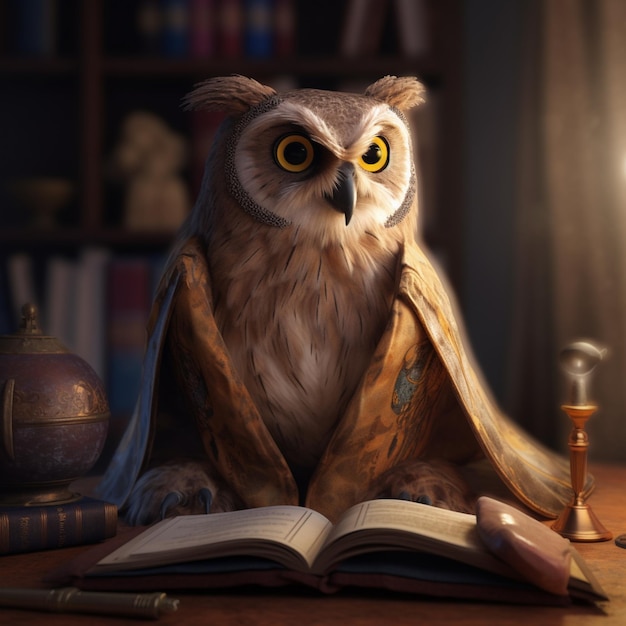 There is a owl that is sitting on a book on a table generative ai