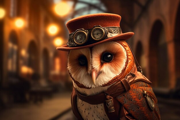 There is a owl wearing a hat and a leather jacket generative ai