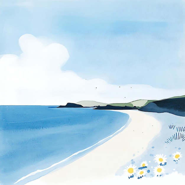 there is a painting of a beach with a blue sky and water