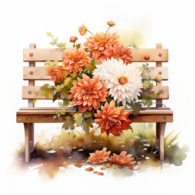 there is a painting of a bench with flowers on it generative ai