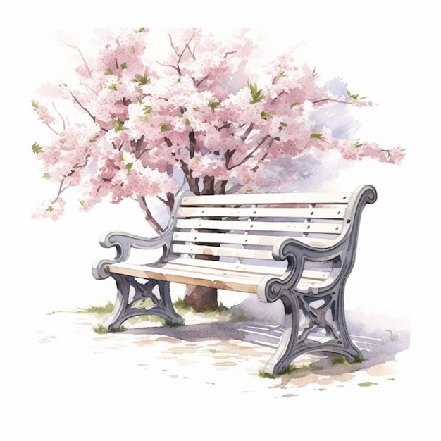 There is a painting of a bench with a tree in the background generative ai