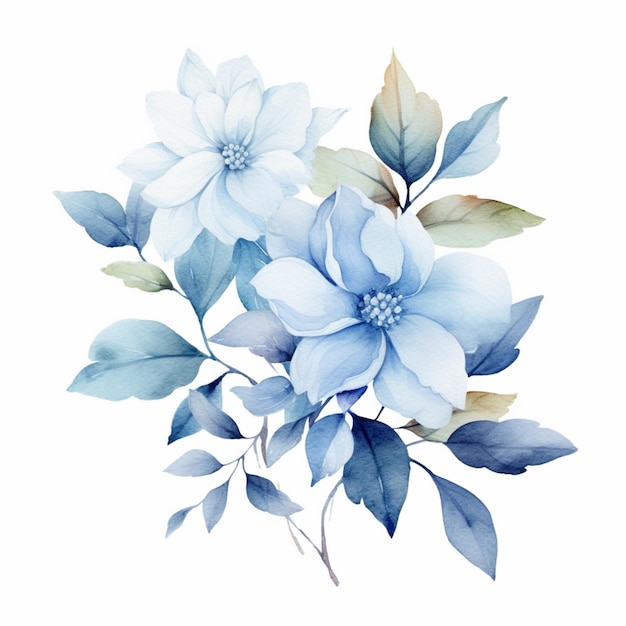 There is a painting of a blue flower with green leaves generative ai