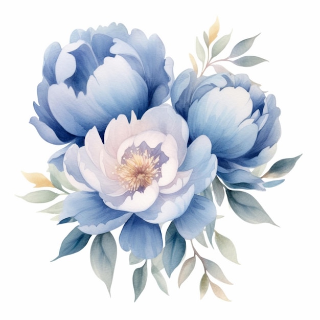 There is a painting of a blue flower with leaves on it generative ai