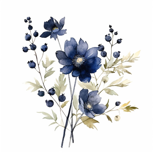 There is a painting of blue flowers on a white background generative ai