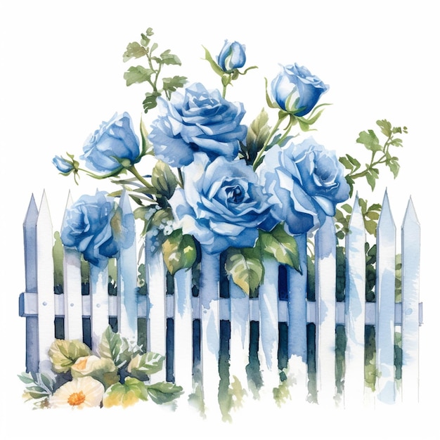 There is a painting of blue roses on a white picket generative ai