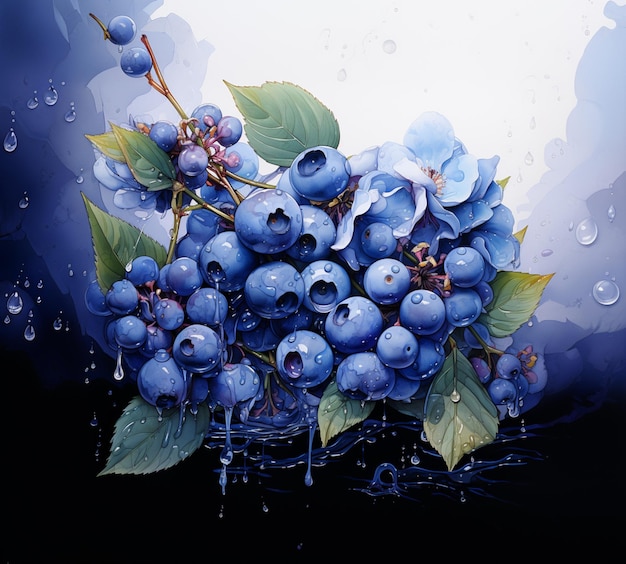 there is a painting of blueberries on a branch with water droplets generative ai