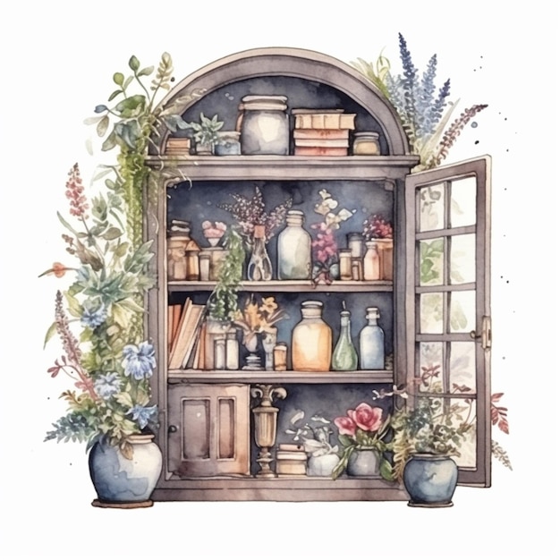 There is a painting of a book shelf with flowers and jars generative ai