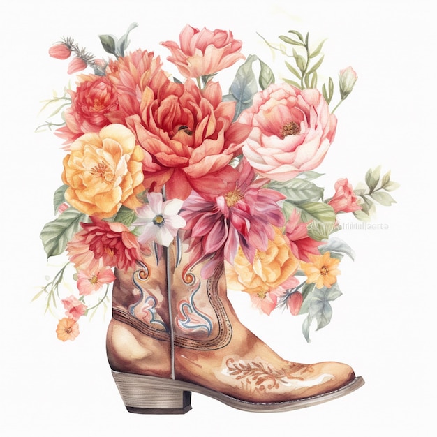 There is a painting of a boot with flowers on it generative ai