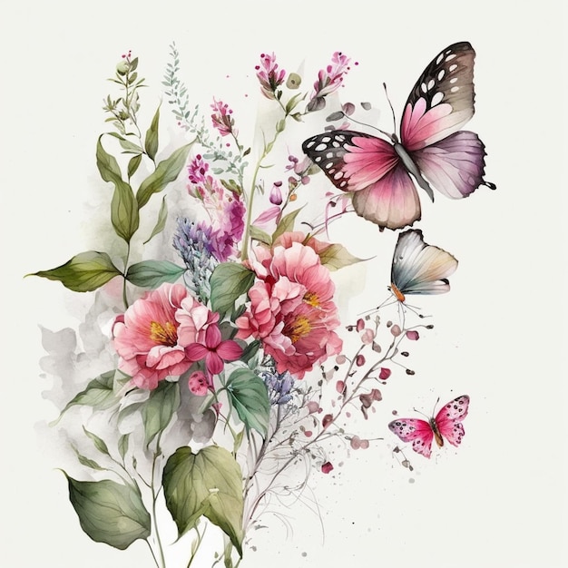 There is a painting of a bouquet of flowers with butterflies generative ai