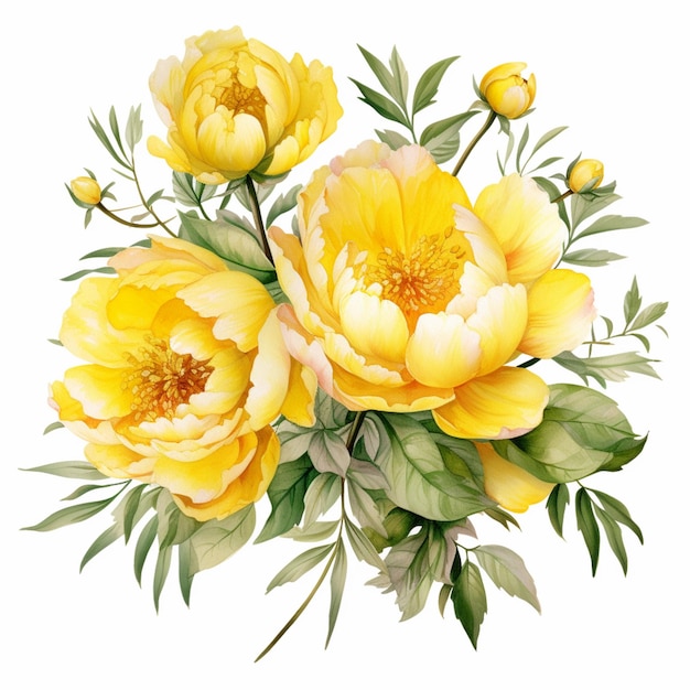 There is a painting of a bouquet of yellow flowers on a white background generative ai