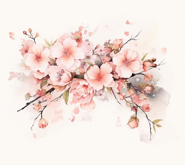 There is a painting of a branch of flowers with pink flowers generative ai