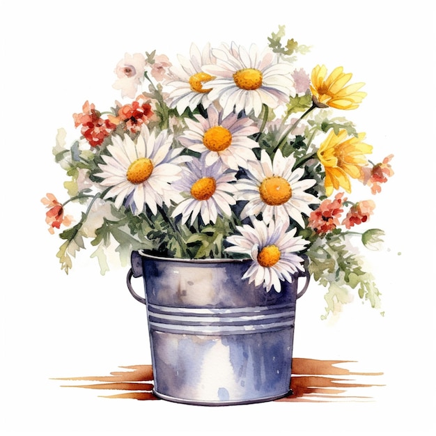 There is a painting of a bucket of flowers with daisies in it generative ai