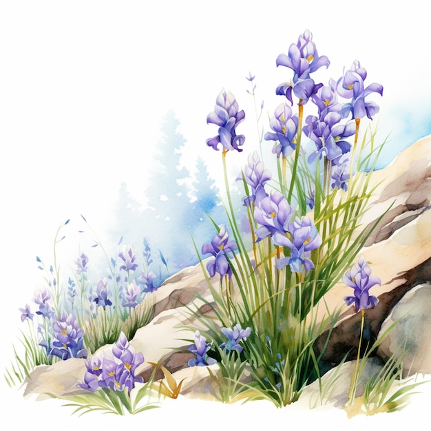 there is a painting of a bunch of purple flowers on a rock generative ai