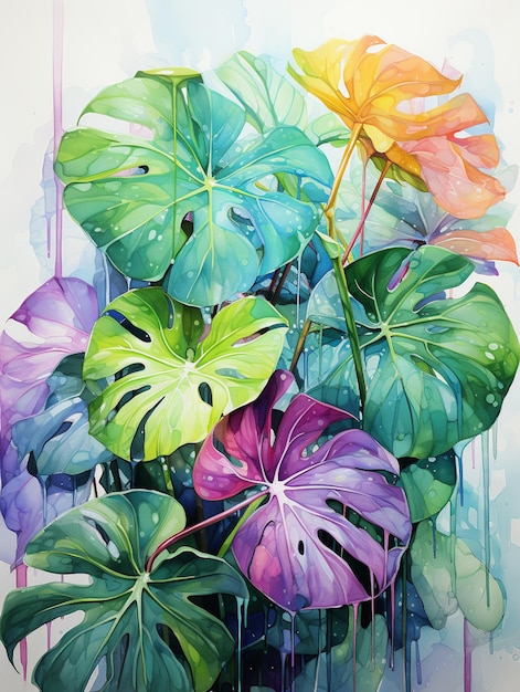 there is a painting of a bunch of tropical plants in a vase generative ai