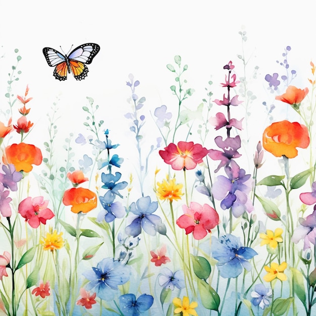 there is a painting of a butterfly flying over a field of flowers generative ai