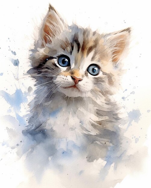 There is a painting of a cat with blue eyes on a white background generative ai