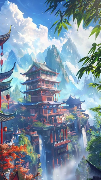 there is a painting of a chinese temple in the mountains generative ai