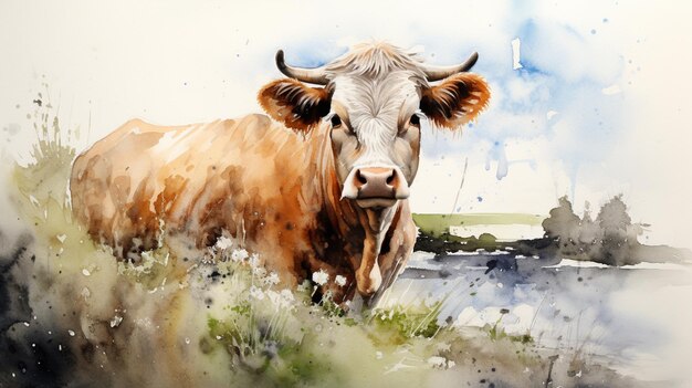 There is a painting of a cow standing in a field generative ai