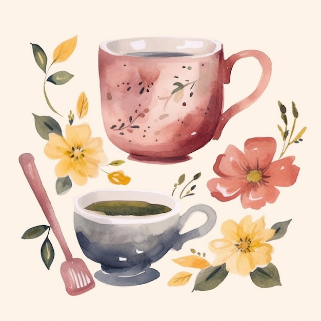 There is a painting of a cup of tea and a spoon generative ai