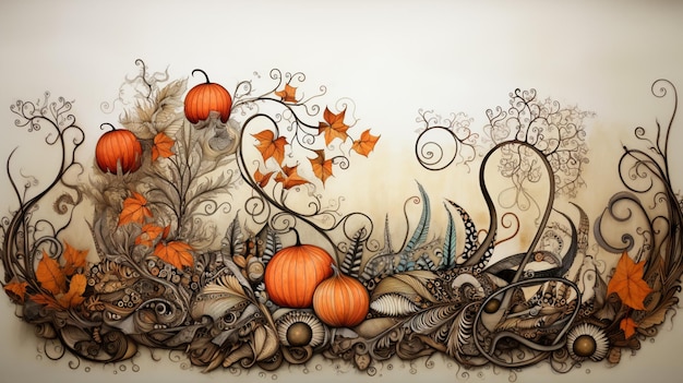 there is a painting of a decorative arrangement of pumpkins and leaves generative ai