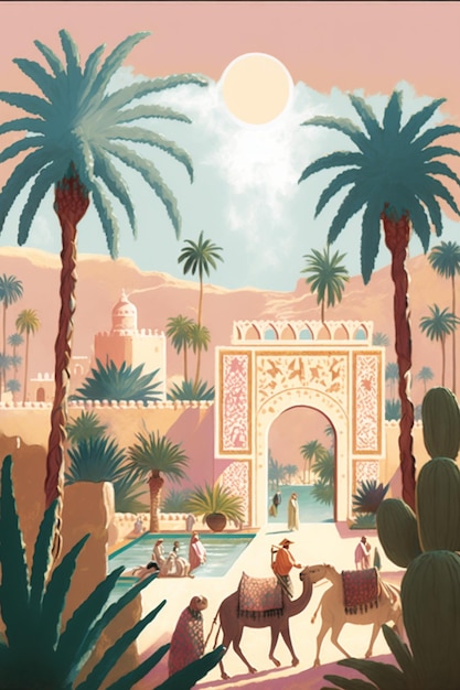 there is a painting of a desert scene with camels and palm trees generative ai