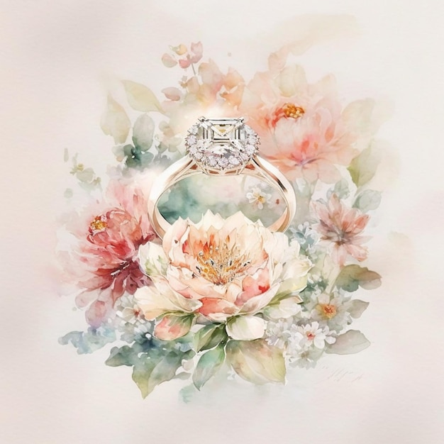 there is a painting of a diamond ring surrounded by flowers generative ai